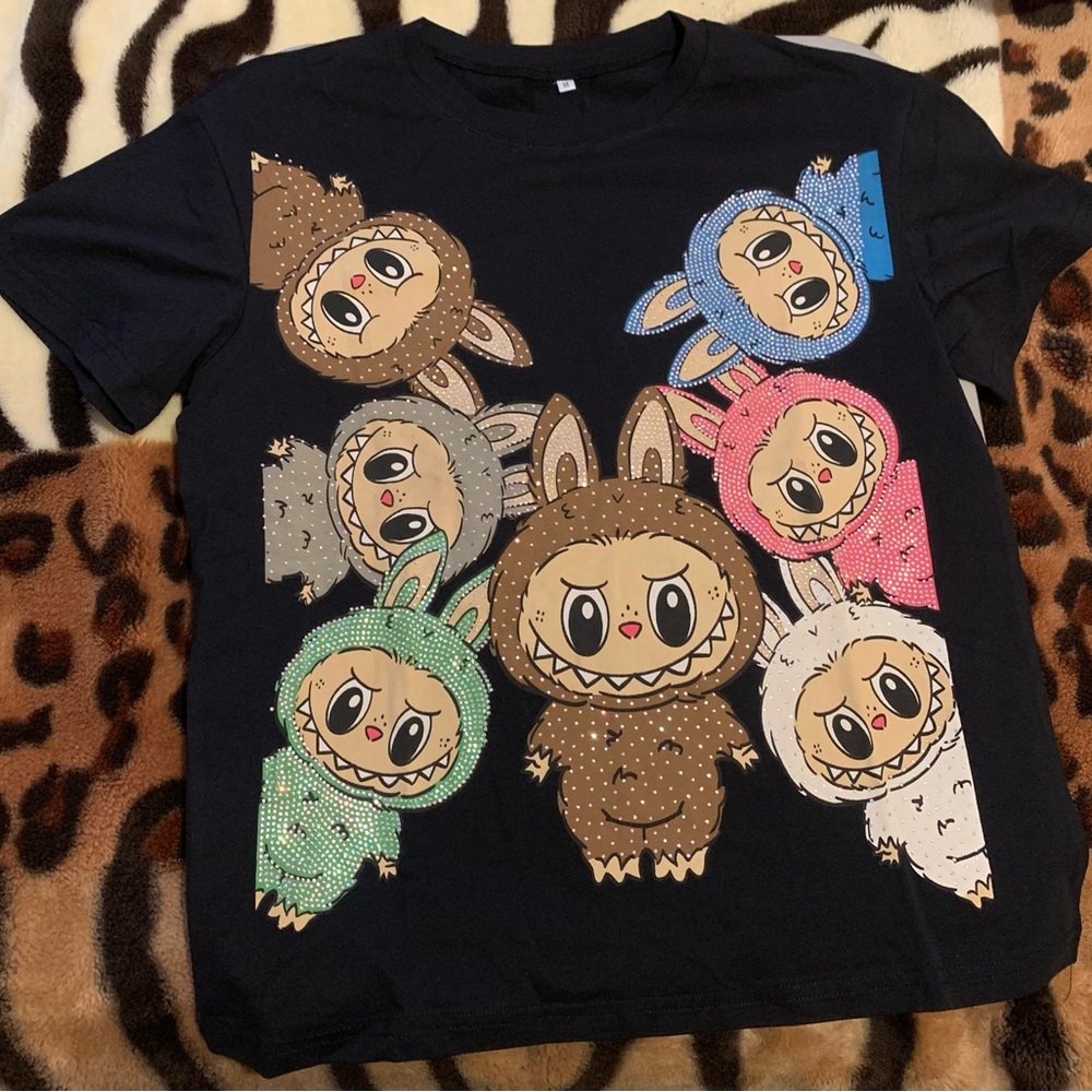 Women's Graphic Tee with Cute Characters and rhinestones - Black